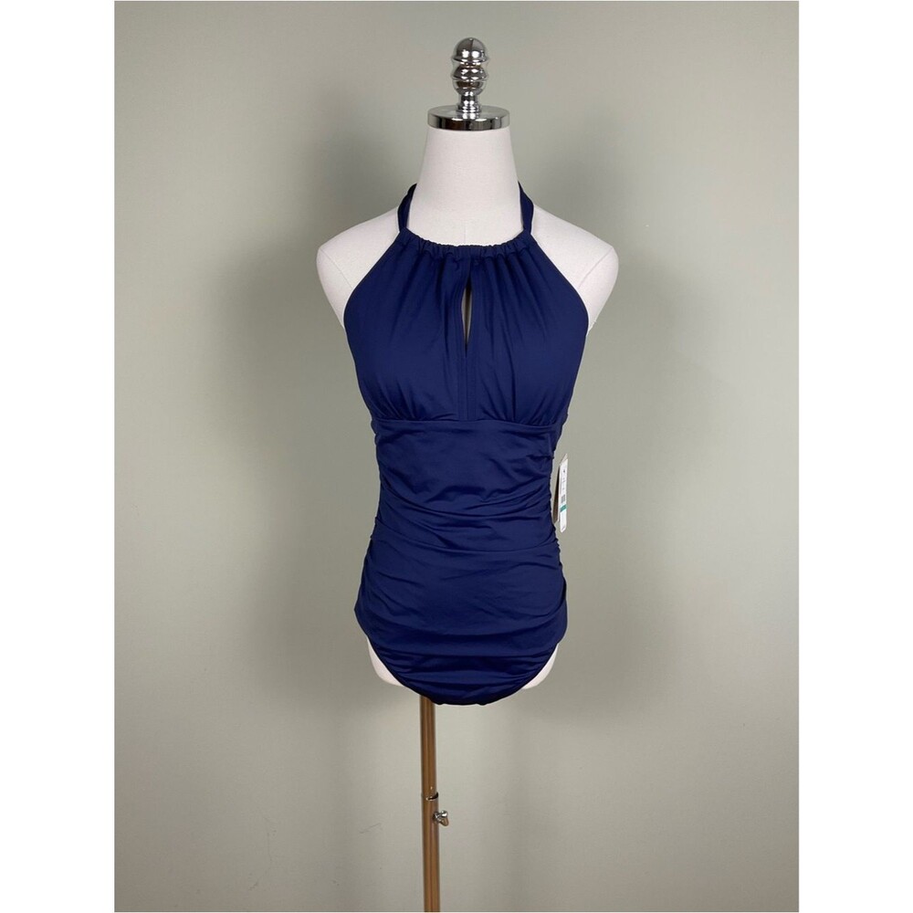 Tommy Bahama Navy Swimsuit Pearl High Neck Halter One Piece Sz 16 Tummy Control